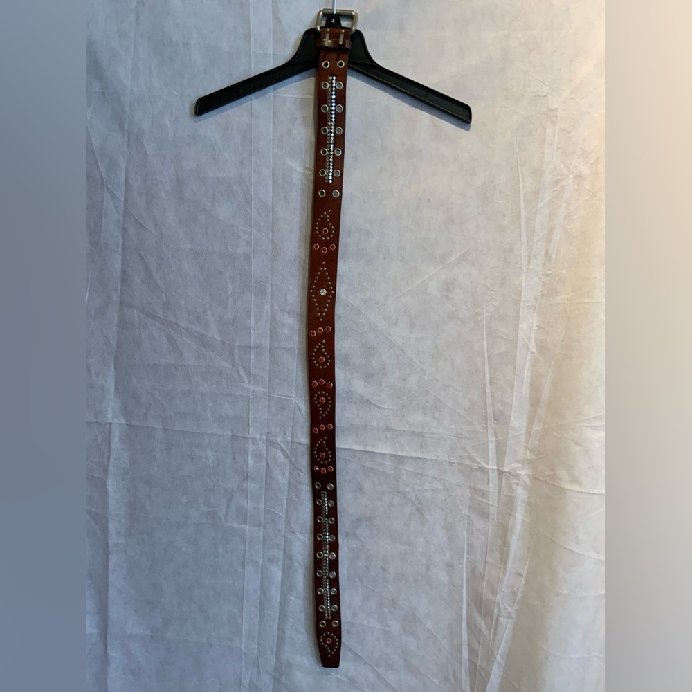 Barneys New York Brown Leather Belt with Red and Silver rhinestone Accents - Picture 6 of 8